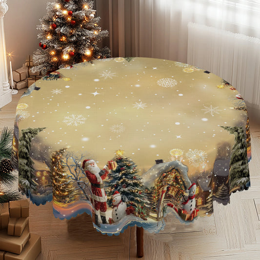 1Pc Vintage Khaki Christmas Tablecloth with Santa Claus Reindeer Sleigh Patterns, Christmas Decor 2025, Christmas Party Decoration