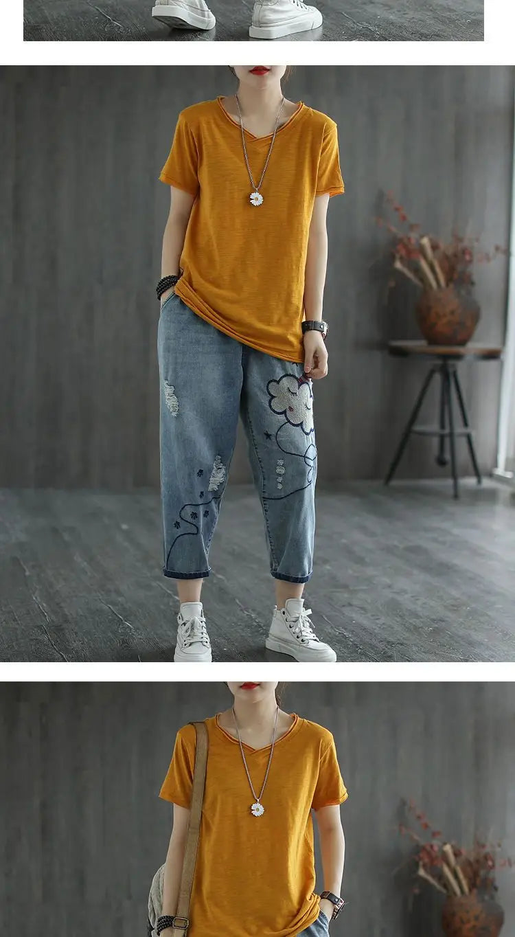 Embroidered Jeans Women Spring and Summer New Cropped Retro Casual Oversized Loose High Waisted Embroidered Slim and Versatile
