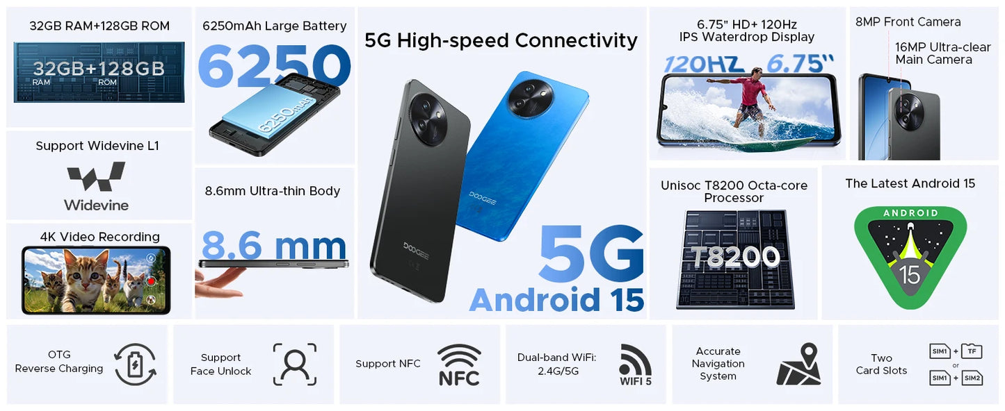 Doogee Note 59 5G Smartphone - 6250 mAh Unisoc T820 6,75 Zoll