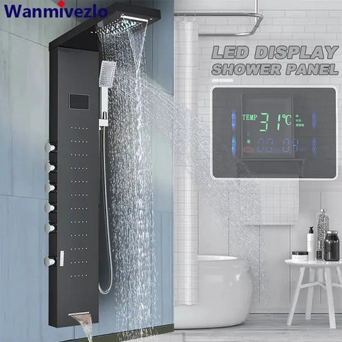 Badezimmer LED Licht Regen Wasserfall Dusche Panel Wasserhahn Körper Massage Jets Dusche Wasserhahn Edelstahl Badewanne Auslauf Dusche Säule