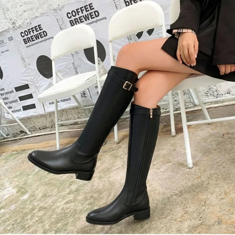 Cizme până la genunchi ICCLEK Elegant Negru - Înălțimea tocului 3-5 cm, Înălțimea tijei până la genunchi, Material PU
