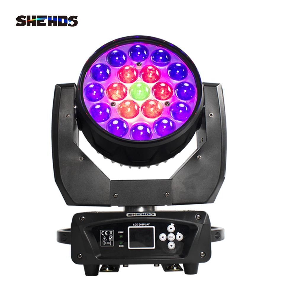 SHEHDS LED Zoom 19x15W RGBW Moving Head Light Beam Wash Effect Flight Case for DJ Disco Christmas Concerts Weddings Parties