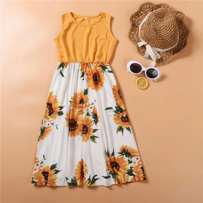 Mother Daughter Matching Dresses Family Sets Floral Fashion Woman Girls Long Dress Outfits Sleeveless Family Look Dress