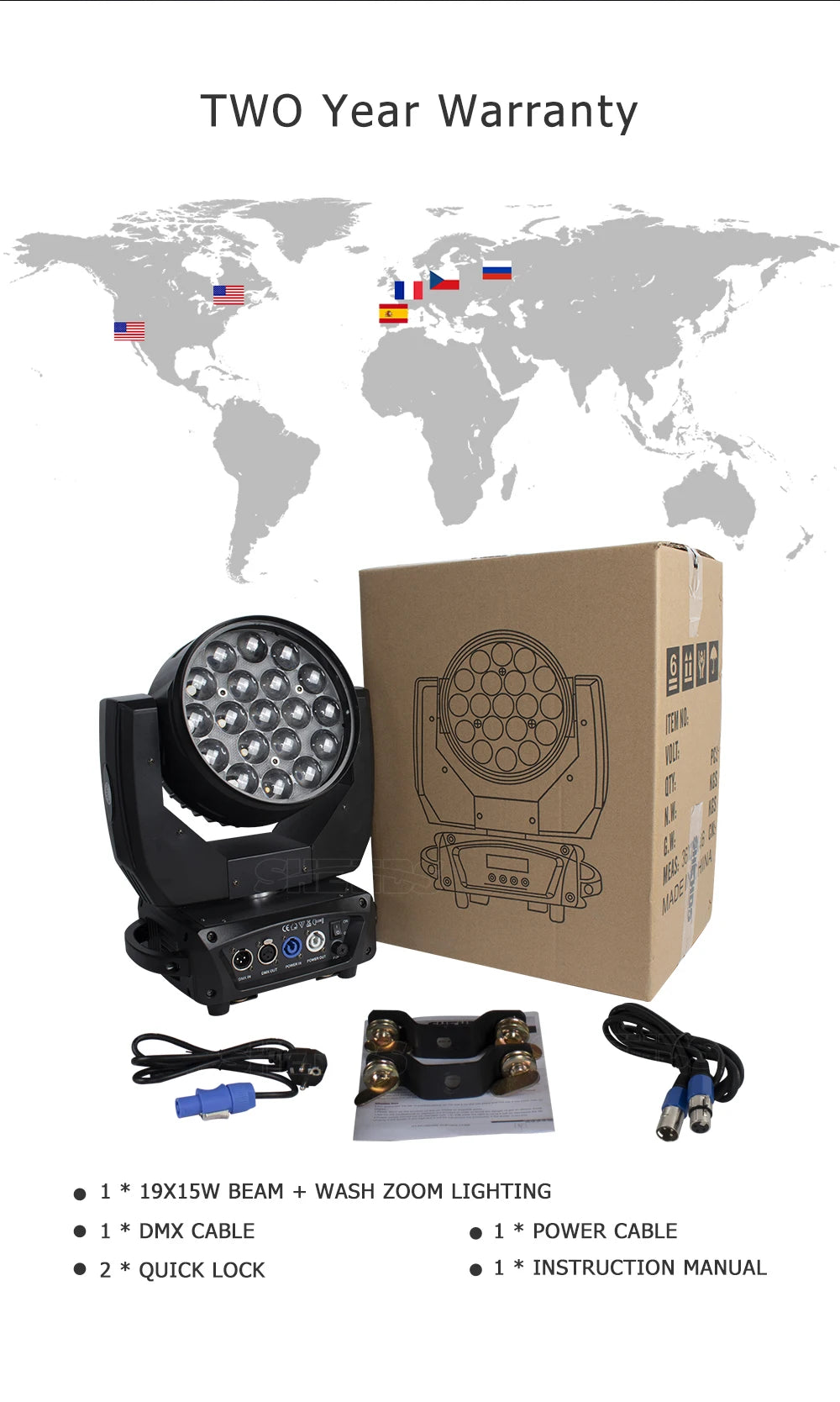 SHEHDS LED Zoom 19x15W RGBW Moving Head Light Beam Wash Effect Flight Case for DJ Disco Christmas Concerts Weddings Parties