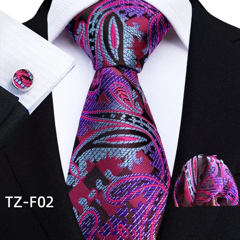 Luxury Mens Ties Floral Black Gold Ties Paisley Grid NeckTie Pocket Square Cufflinks Set Men's Wedding Party Tie
