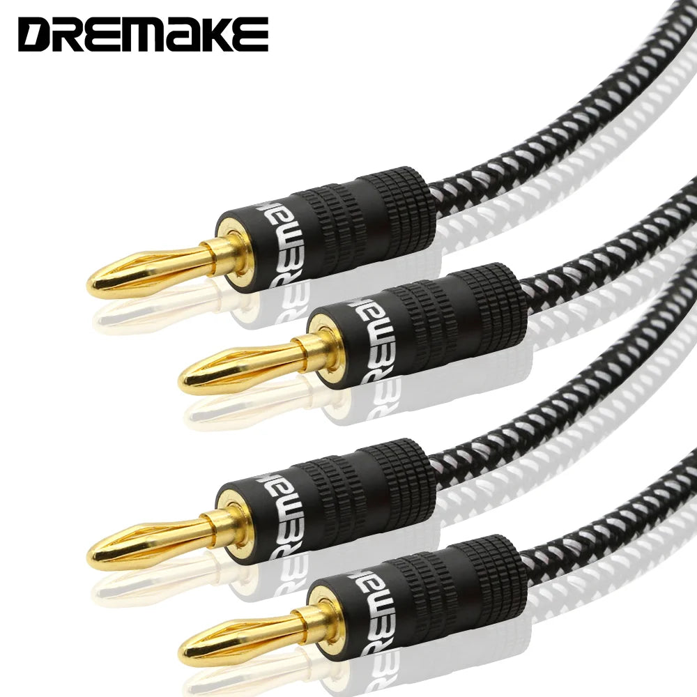 Lautsprecherkabel 2025 - 14AWG Kupfer Gold Banana-Stecker - Premium HiFi Speaker Cable DREMAKE Geflochten