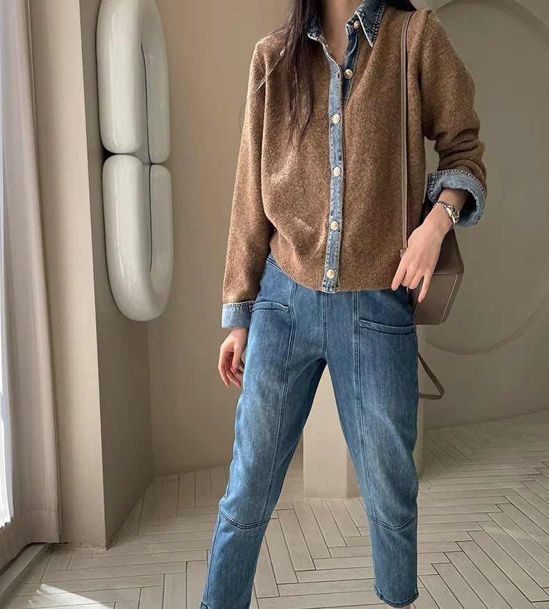 BigLargiCN Strickcardigan Herbst Denim Patchwork Damen Korean Stil - Gewicht 120–220 g/m² Länge Regular Lockere Passform