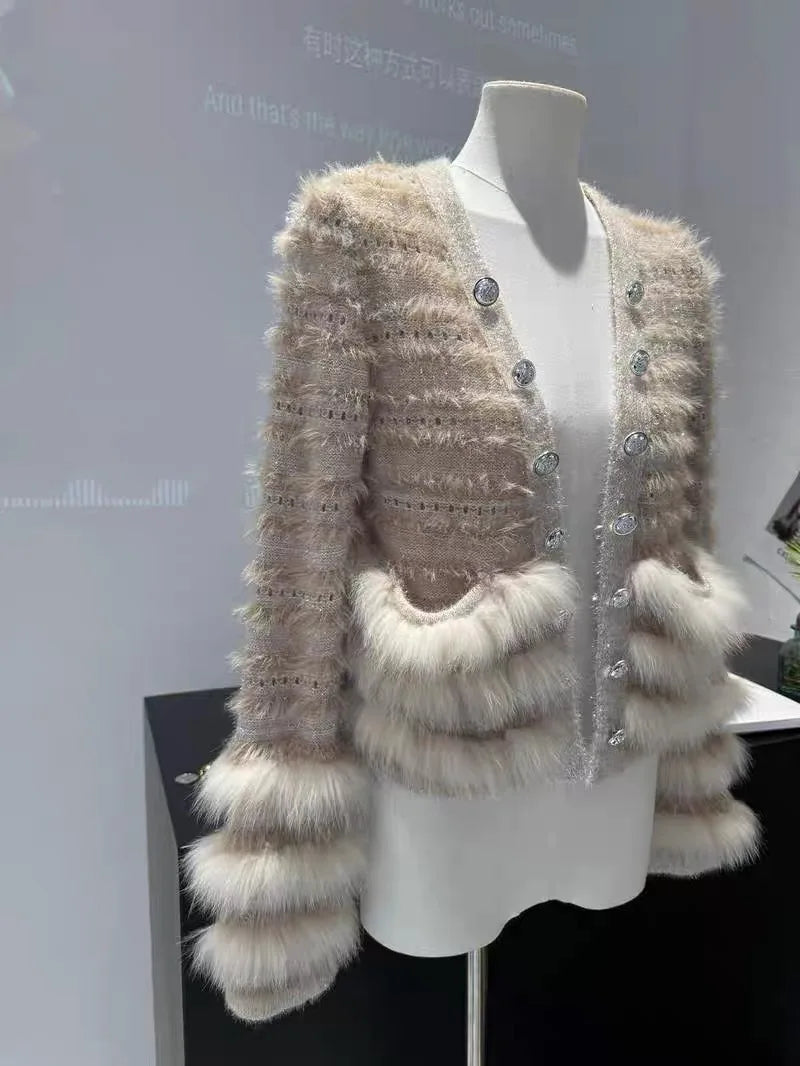 Seoulia V-Ausschnitt Pailletten-Pulli - Gr. M, Stretch, lang