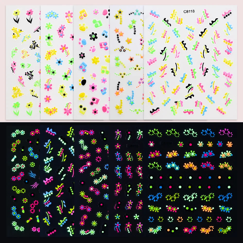 Nagel-Sticker 2025: Schmetterling-Blumen Luminous 3D - Glow-in-Dark Manicure Collection