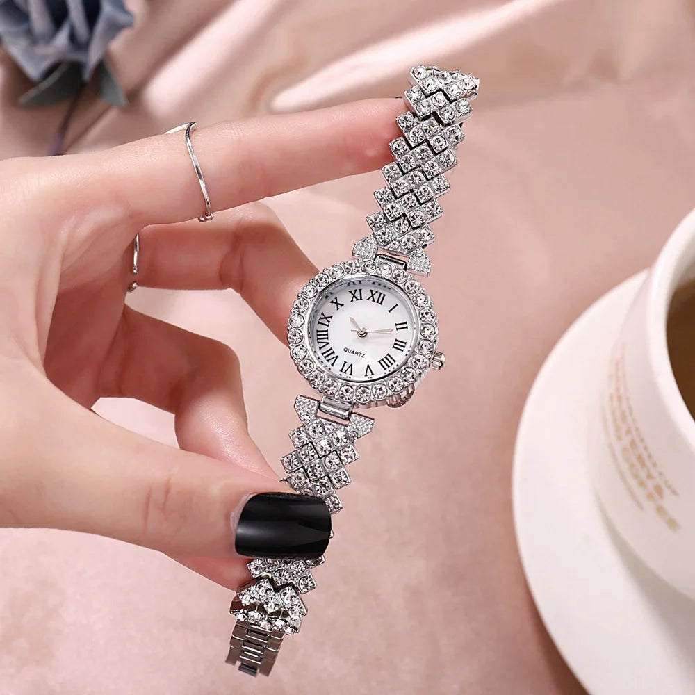 Luxus Damen Glänzende Armbanduhren 2-teiliges Set - Roségold Uhr Mode Damen Elegante Quarz Diamant Armbanduhr