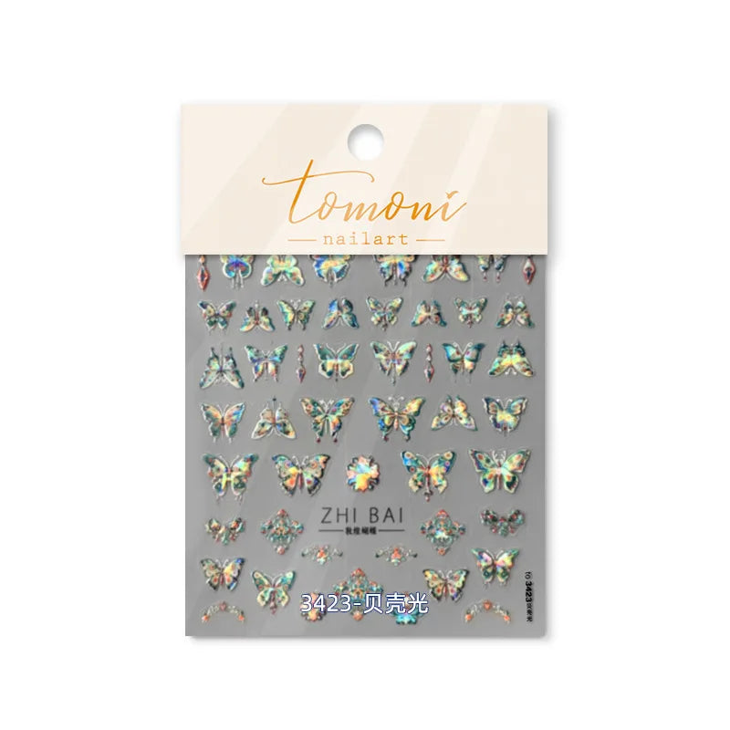 Fantasy Shiny Shell Light Butterfly Rhinestone Bohemia Hot 5D Soft Embossed Relief Nail Art Sticker 3D Decal Decoration Manicure