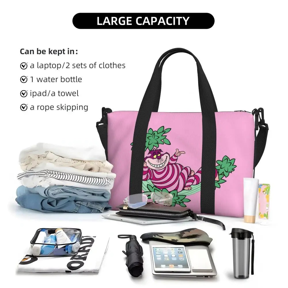 Custom Cheshire Cat Beach Tote Bag for Women We're All Mad Here Cat Big Compartment Gym Beach Travel Bags
