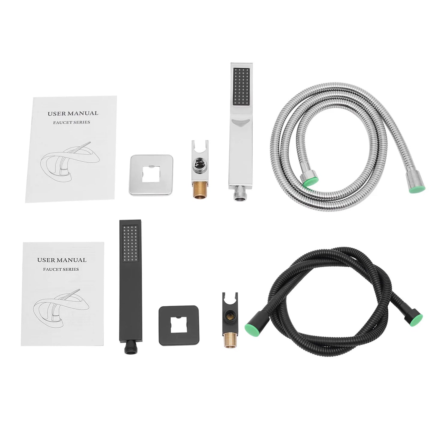 Mattschwarzes, geräuscharmes Duscharmaturen-Set mit Messing-Wandanschluss und Federschlauch