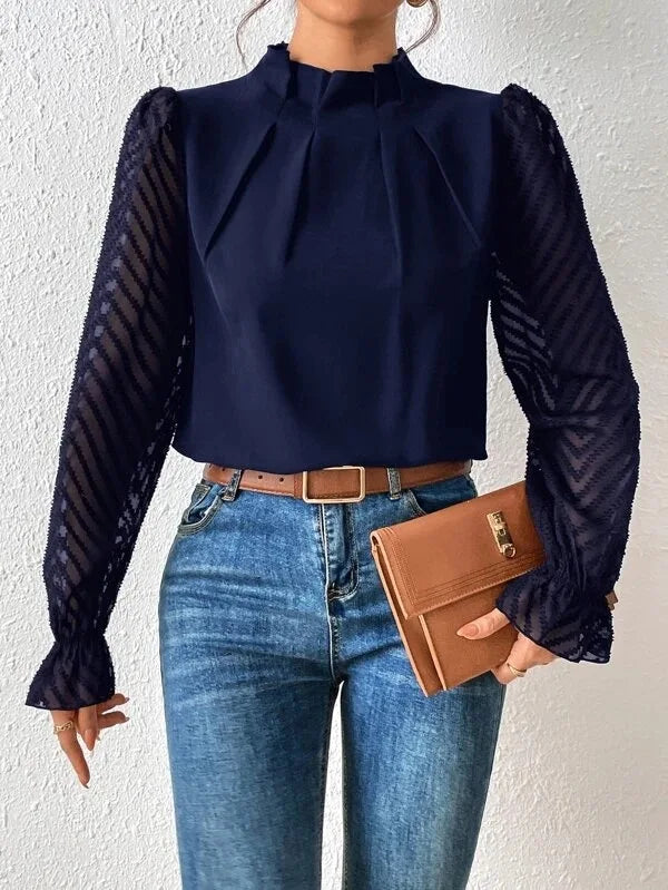Elegant Ladies Office Shirt Tops Fashion Pleated Lace Long Sleeve T-Shirts Chiffon Shirts Casual Slim Mock Neck Blouse For Women