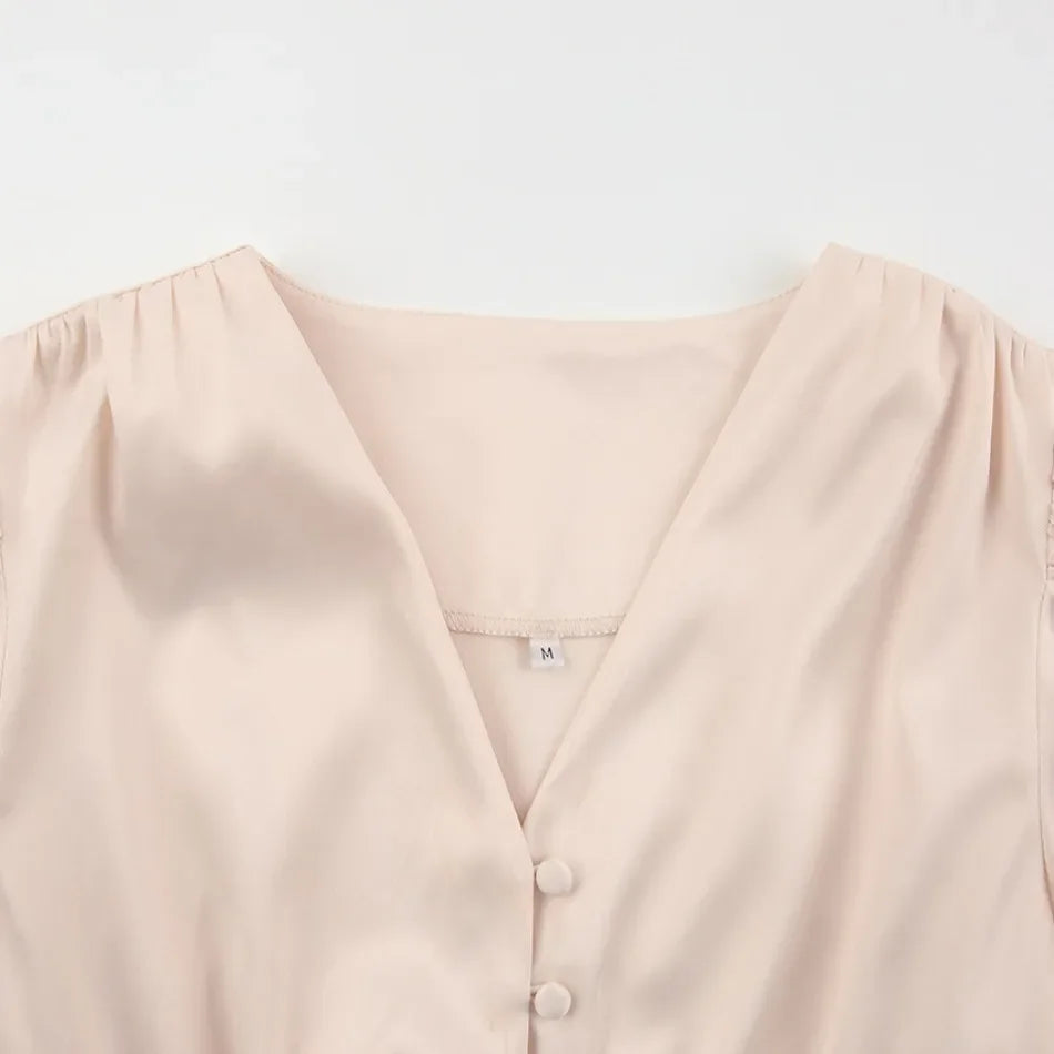 Elegante Mode Einreihig High Waist Satin Kleid - Midi Gr M