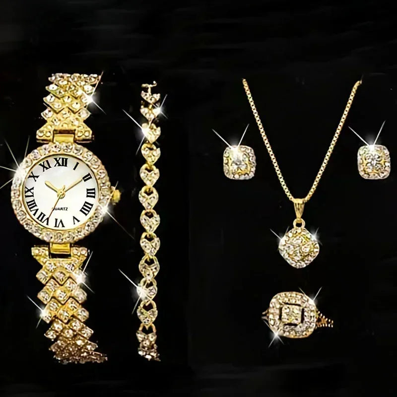 Mode Luxus Vollkristall 5-teiliges Set - Uhr Halskette Ohrringe Ring Set für Damen - Strass Armbanduhr Damen Armband Set Geschenk