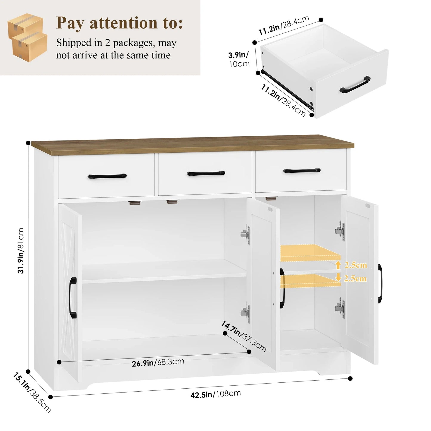 Sideboard, Küchenschrank mit 3 Schubladen und 3 Türen für Küche, Buffetschrank mit Arbeitsplatte, für Esszimmer, Wohnzimmer, Hol by Golden Bridge Store