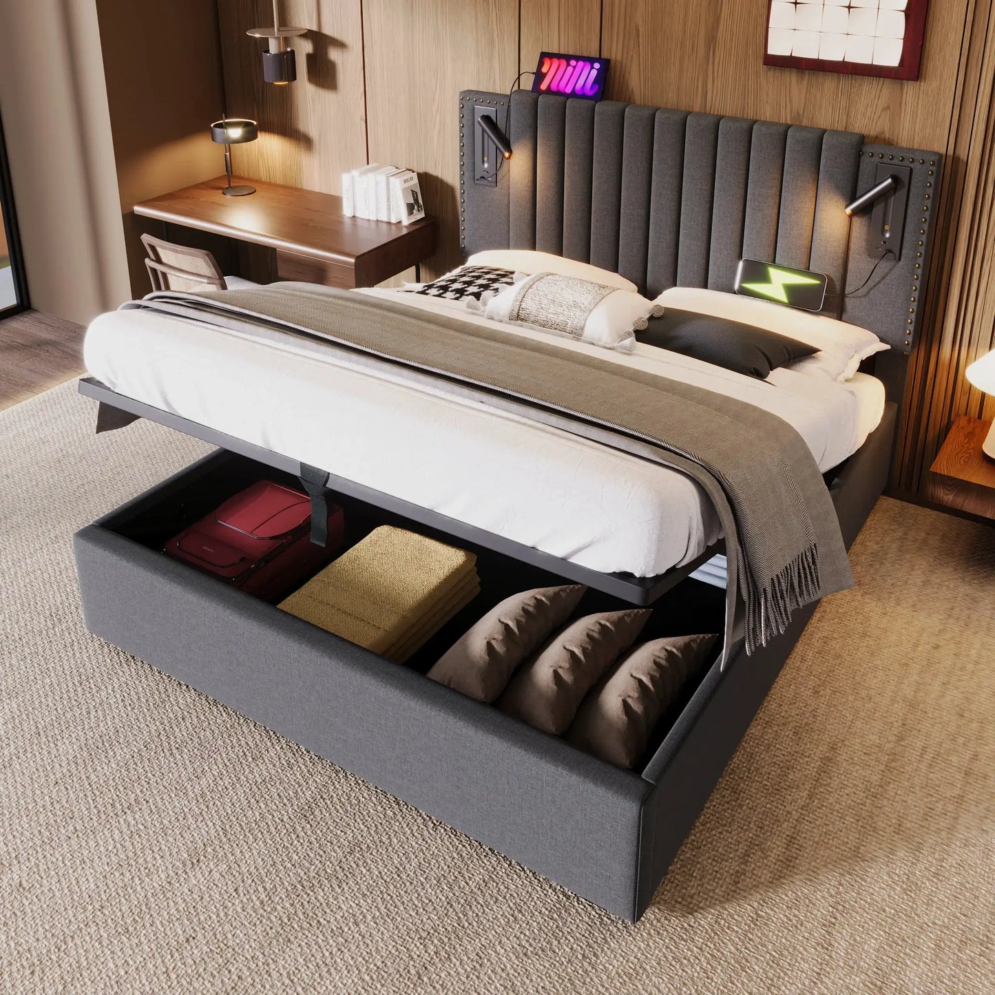 Polsterbett Doppelbett Mit Leselicht Und USB Ladefunktion
