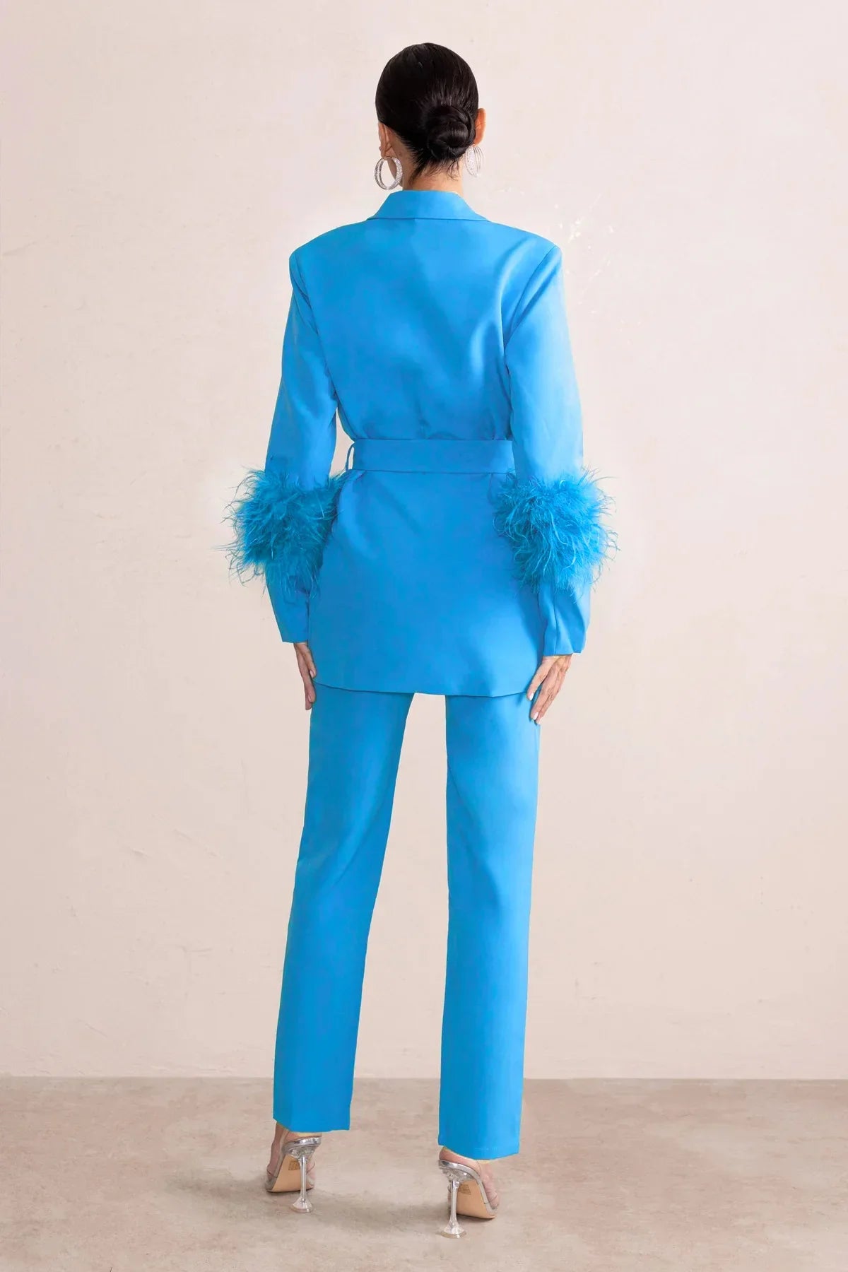 Elegant Women 2 Piece Set Solid Notched Neck Blazer Zipper Long Pants Feather Upright Coat Ladies Suit Fall Winter Office Wear