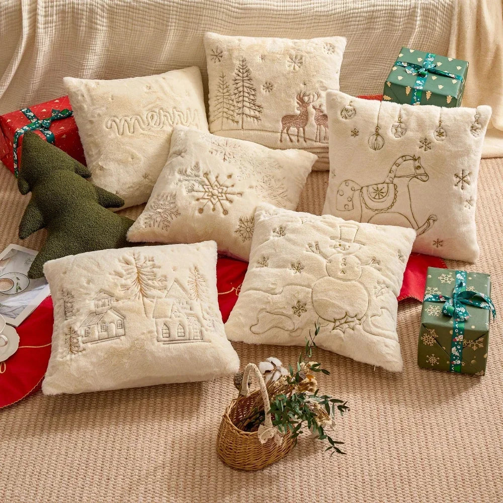Simple Pillow Case Plush Christmas Embroidered Cushion Cover Soft Comfortable Festival Decorative New Year's Home Pillow Case
