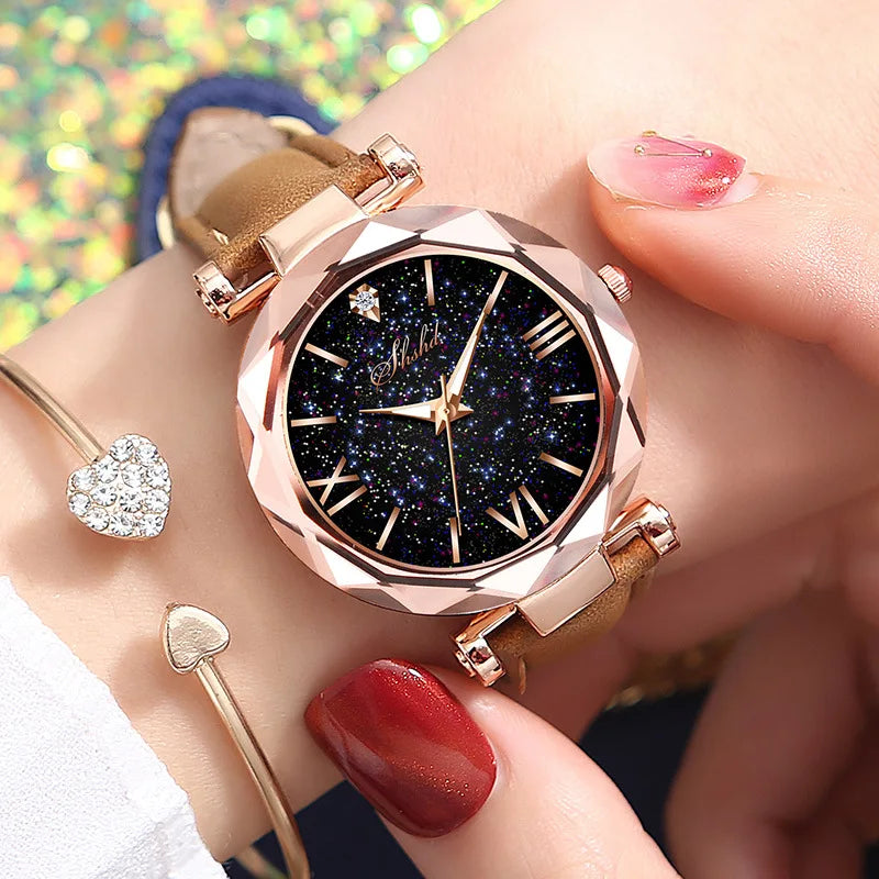 Damen Uhr Strass Romantischer Sternenhimmel - Armbanduhr Mode Damen Leder Uhr - Uhr für Frauen