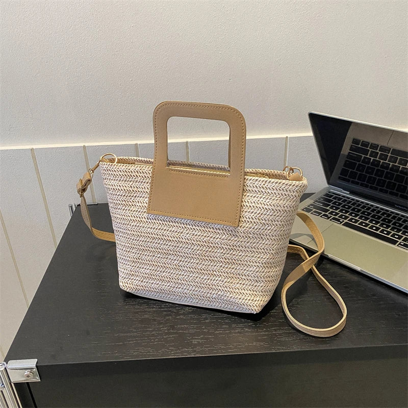 Women Woven Straw Beach Bag Lightweight Summer Tote with PU Leather Handles Detachable Strap for Vacation Poolside Shoulder Bag