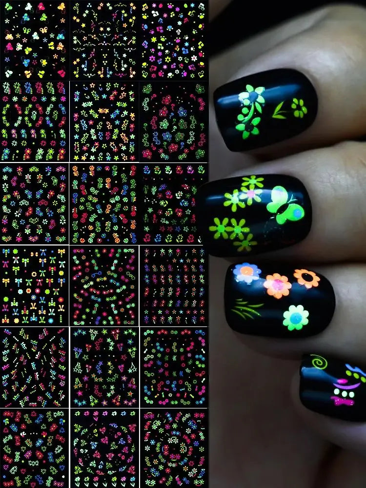 Nagel-Sticker 2025: Schmetterling-Blumen Luminous 3D - Glow-in-Dark Manicure Collection