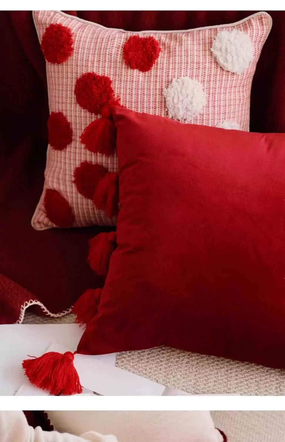 Modern Red Festive Cushion Cover Christmas Party Pillow Cover Decorative Polka Dot Tufted Tassel Velvet Pillowcase Home Decor