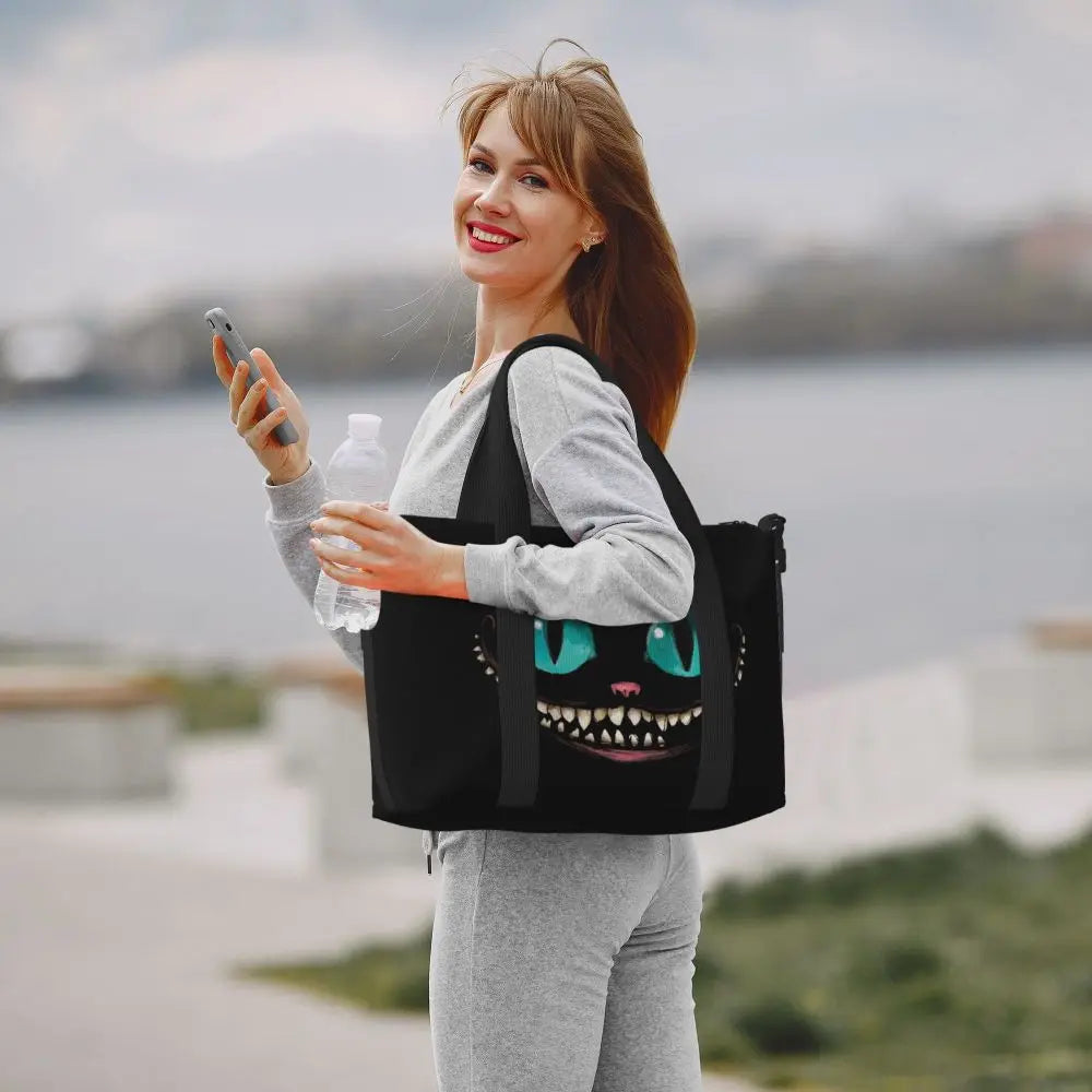 Custom Cheshire Cat Beach Tote Bag for Women We're All Mad Here Cat Big Compartment Gym Beach Travel Bags