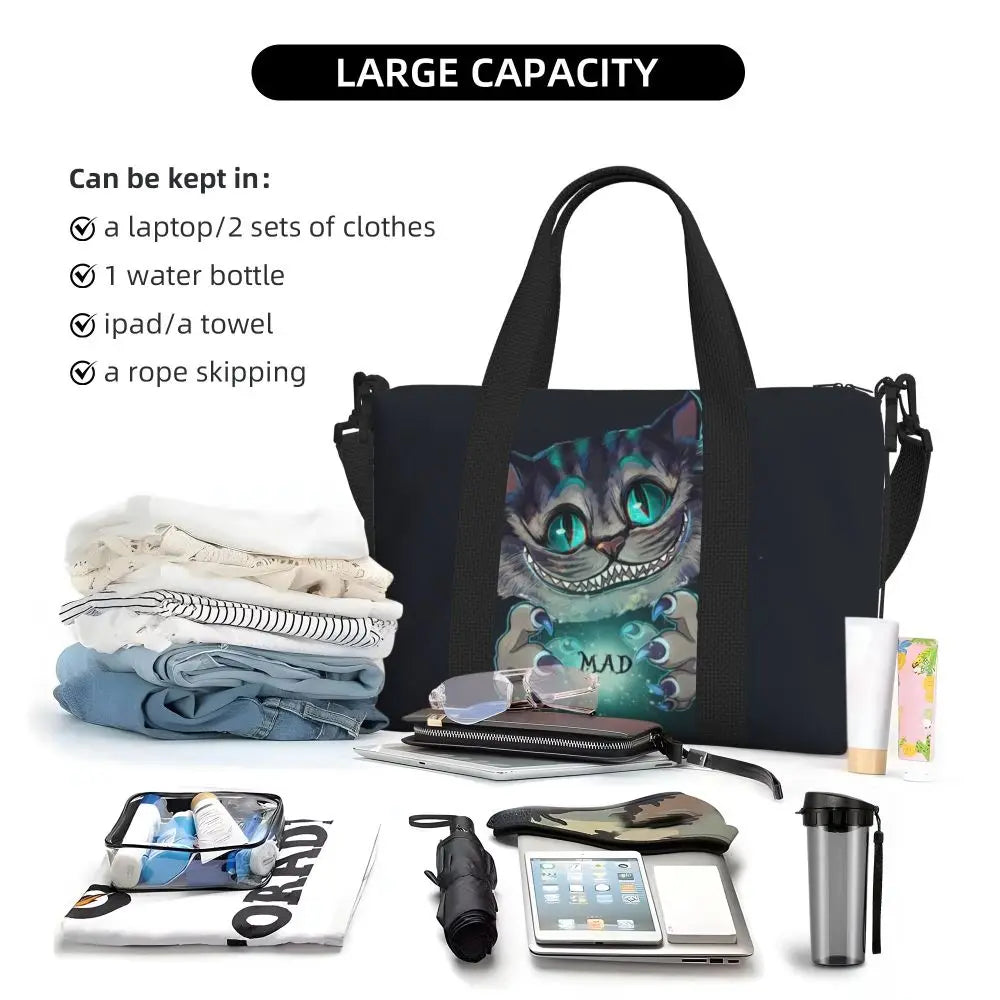 Custom Cheshire Cat Beach Tote Bag for Women We're All Mad Here Cat Big Compartment Gym Beach Travel Bags