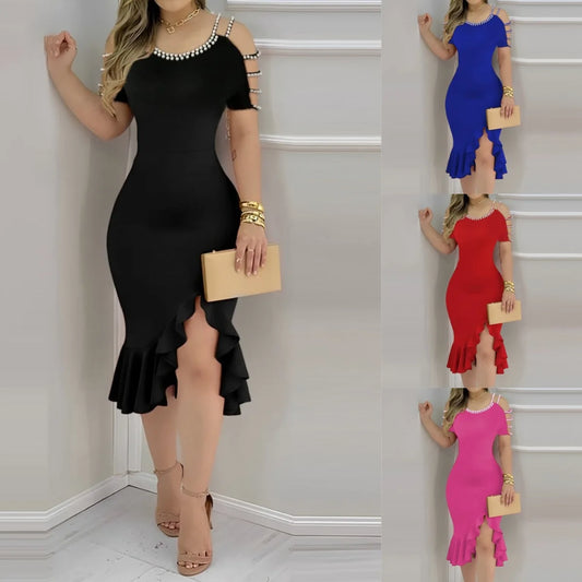 Elegante Frauen Kleid Perlen Dekoration - Schwarz S M L