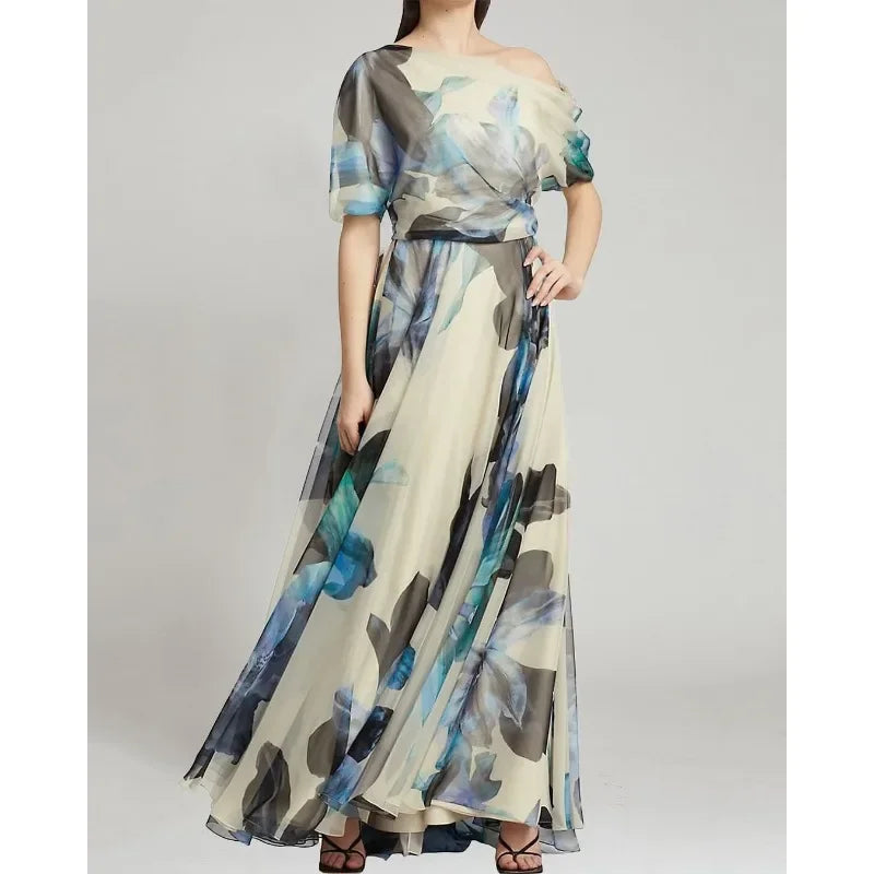 Elegant Women Bohemian Dress Y2K Chic Clothes Sexy Fashion One Shoulder Short Sleeve High Waist Pleated Vacation Long Dress