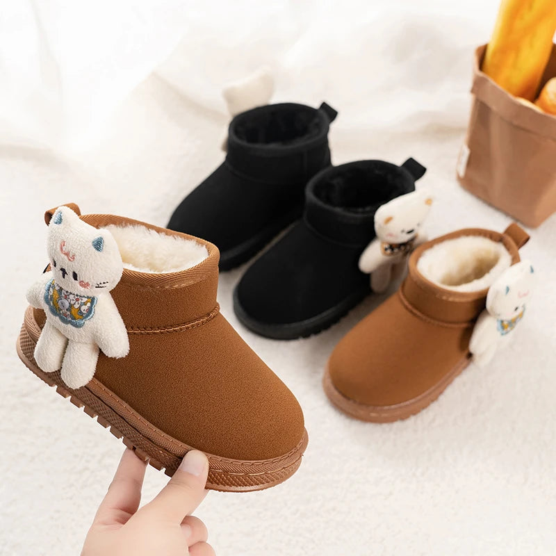 Kinder-Schneestiefel mit niedlichen Bären, Kinder-Stiefeletten, vielseitige Mode, 2025, Winter, neue warme Stiefel für Jungen und Mädchen, dickes Fell, rutschfest