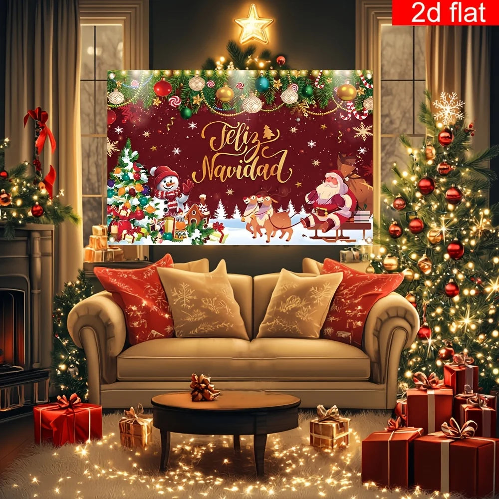 2D flat banner, 1pc, Christmas decoration banner, polyester, Spanish snow Santa Claus elk snowman pattern
