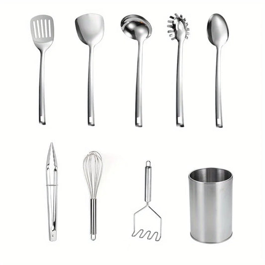 Edelstahl Küchen Set 2025 - 9 Stück Wendmesser Spaghetti Löffel Schöpfkelle - Löffel Schneebesen Zange Kartoffel Stampfer Werkzeug Halter