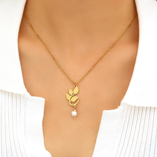 Stainless Steel Necklaces Retro Lrregular leaf Pendant White Imitation Pearl Light Luxury Necklace For Women Jewelry Party Gifts