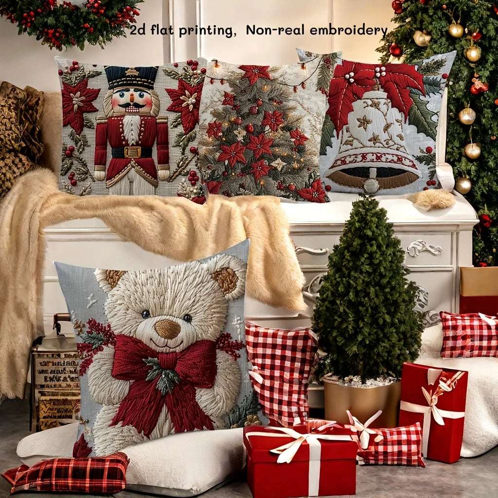 4pcs Christmas Pillow Covers - Nutcracker, Bear & Lily Print, 2D Embroidery Style, Holiday Decor for Sofa Bed