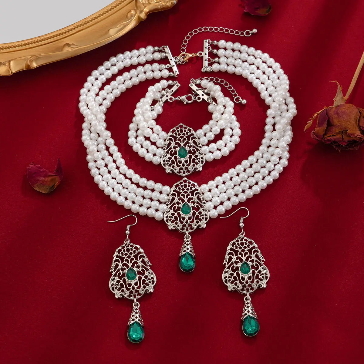 KunJoe Luxus Mehrschichtig Imitation Perlen Halskette Armband Ohrringe Frauen Wassertropfen Grün Strass Choker Hochzeit Schmuck Set