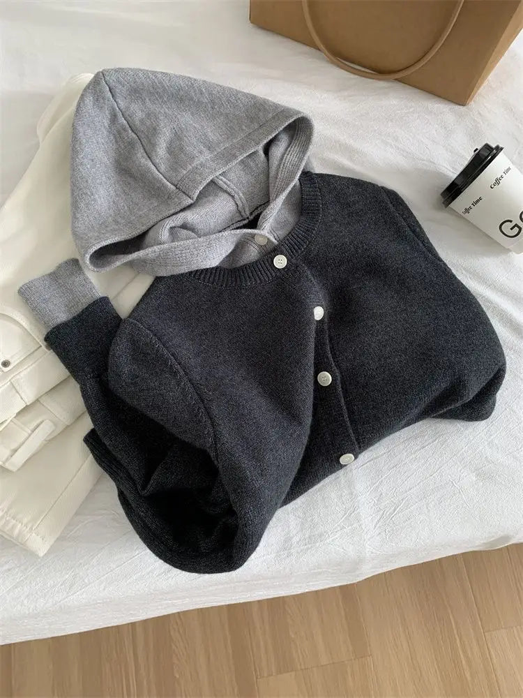 Pateekate Koreanischer Stil Kapuzen Strickcardigan - Größe M, Material Polyester/Viskose/Spandex, Lockere Passform