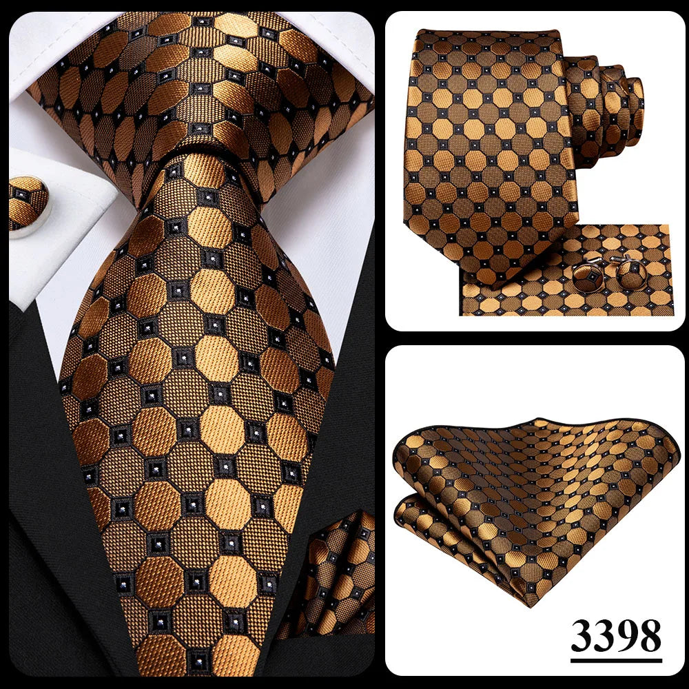 Hi-Tie Seiden-Herren-Krawatten-Set Blumenmuster Gelb Gold Krawatten und Taschentücher Manschettenknöpfe-Set Herren-Hochzeits-Party-Anzug-Mode-Halskrawatte C-3053