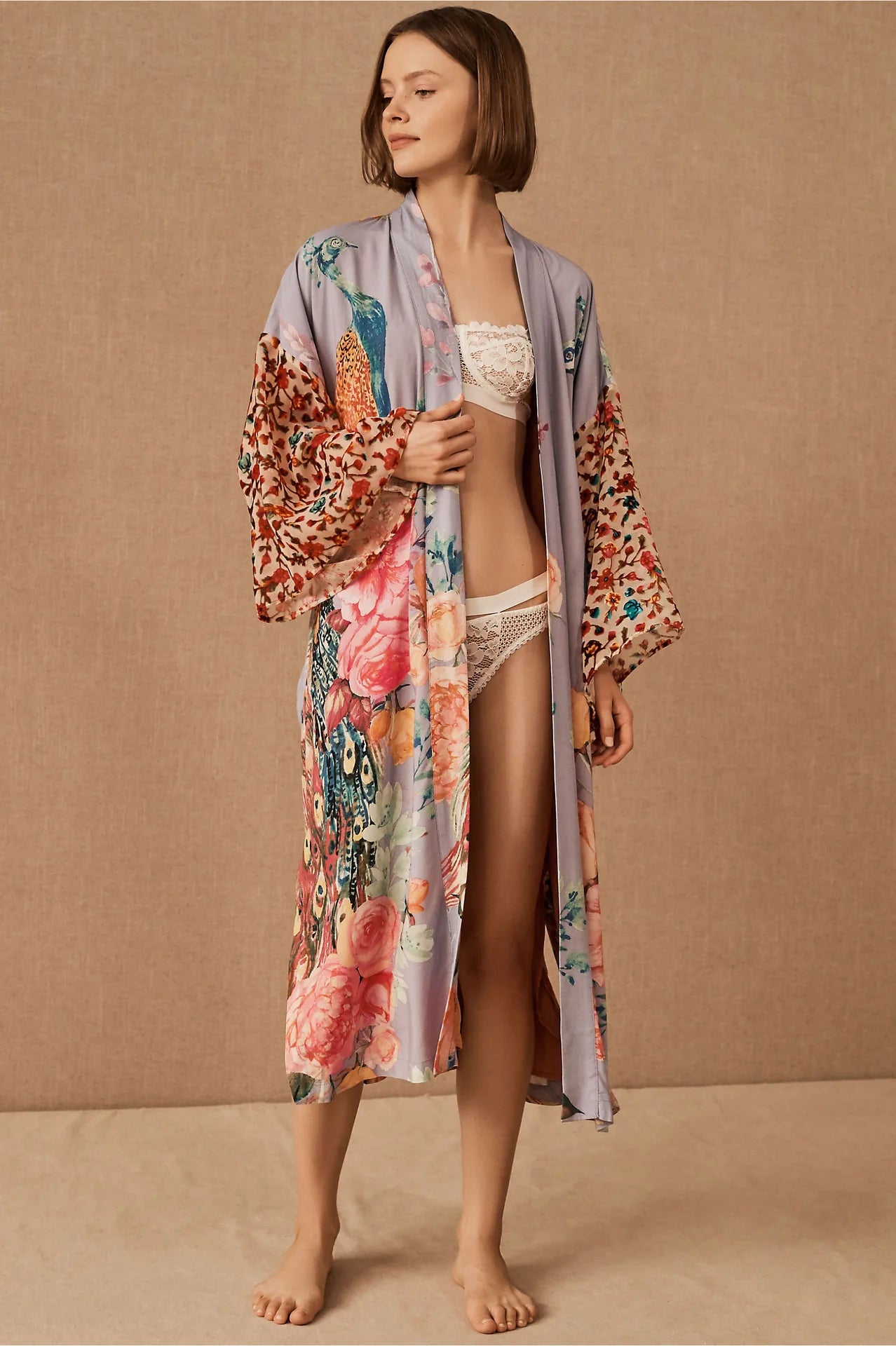 Strand Kimono 2025 - Frauen Pfau Druck Schwimmbekleidung - Selbstgürtetes Wickelkleid Seebad Badeanzug Strandmode
