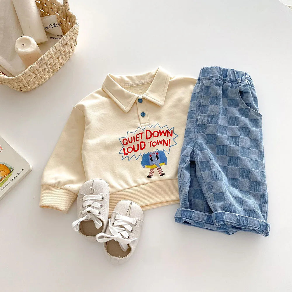 Children's Jeans 1-5Y New 2024 Autumn Boys Plaid Denim Pants Loose Style Mid Waist Girls Checkerboard Trousers