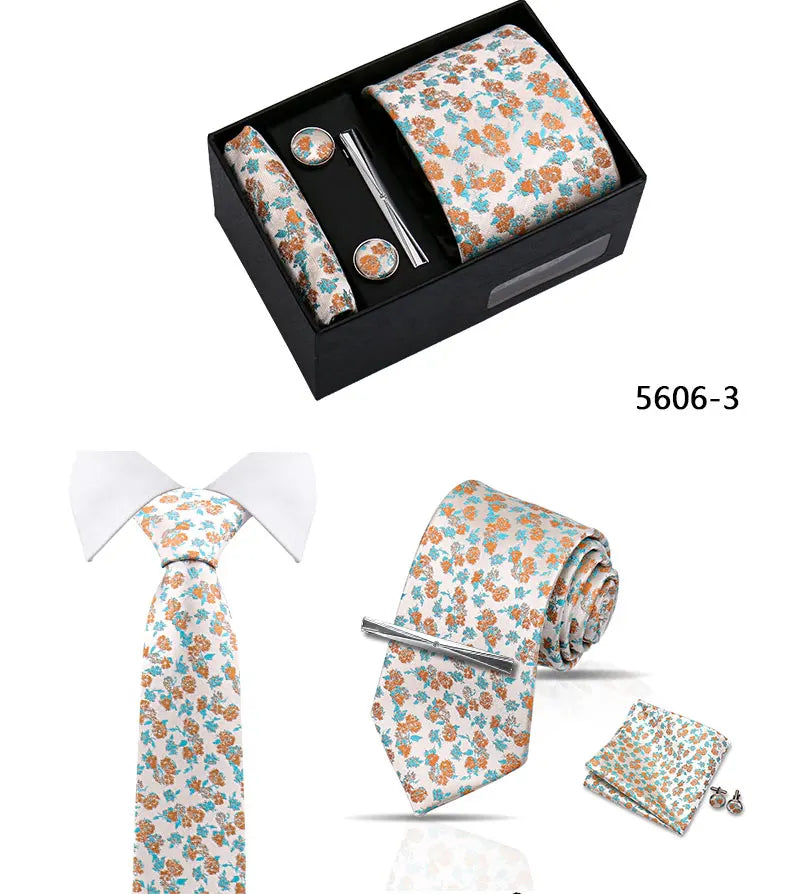 Elegant Men's Suit Necktie Gift Box Set Floral Tie Handchief Cufflinks Tie Clip 4-Piece Business Wedding Party Suit Accessories