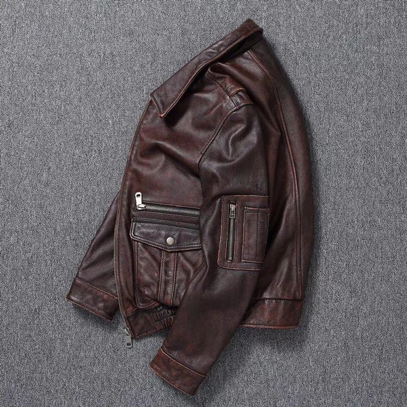 New Men's Genuine Leather Jacket Vintage Stone Milled Top Layer Cowhide Bomber Jacket A2 Brown Men's Calfskin Motorcycle Jacket