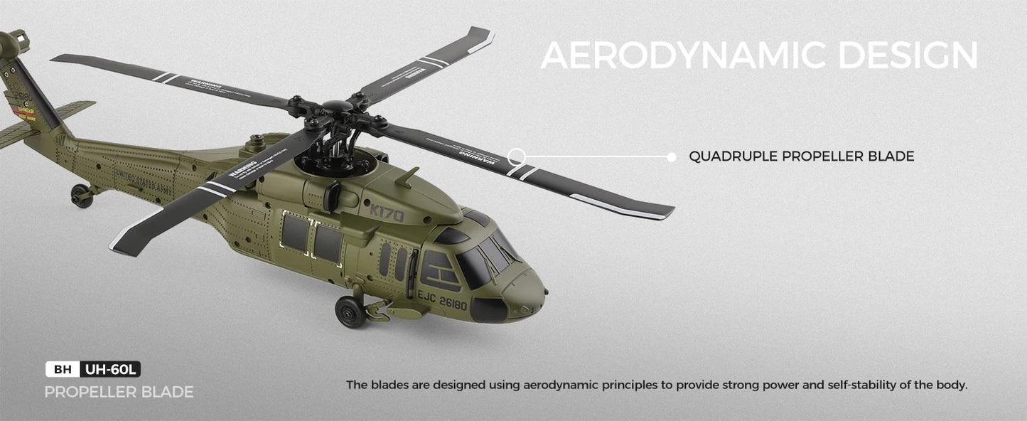 Wltoys K170 RC Helicopter UH-60L 4 Channel Remote Control brushless Helicopters with Gyro and LED Light Durable Airplane Toy