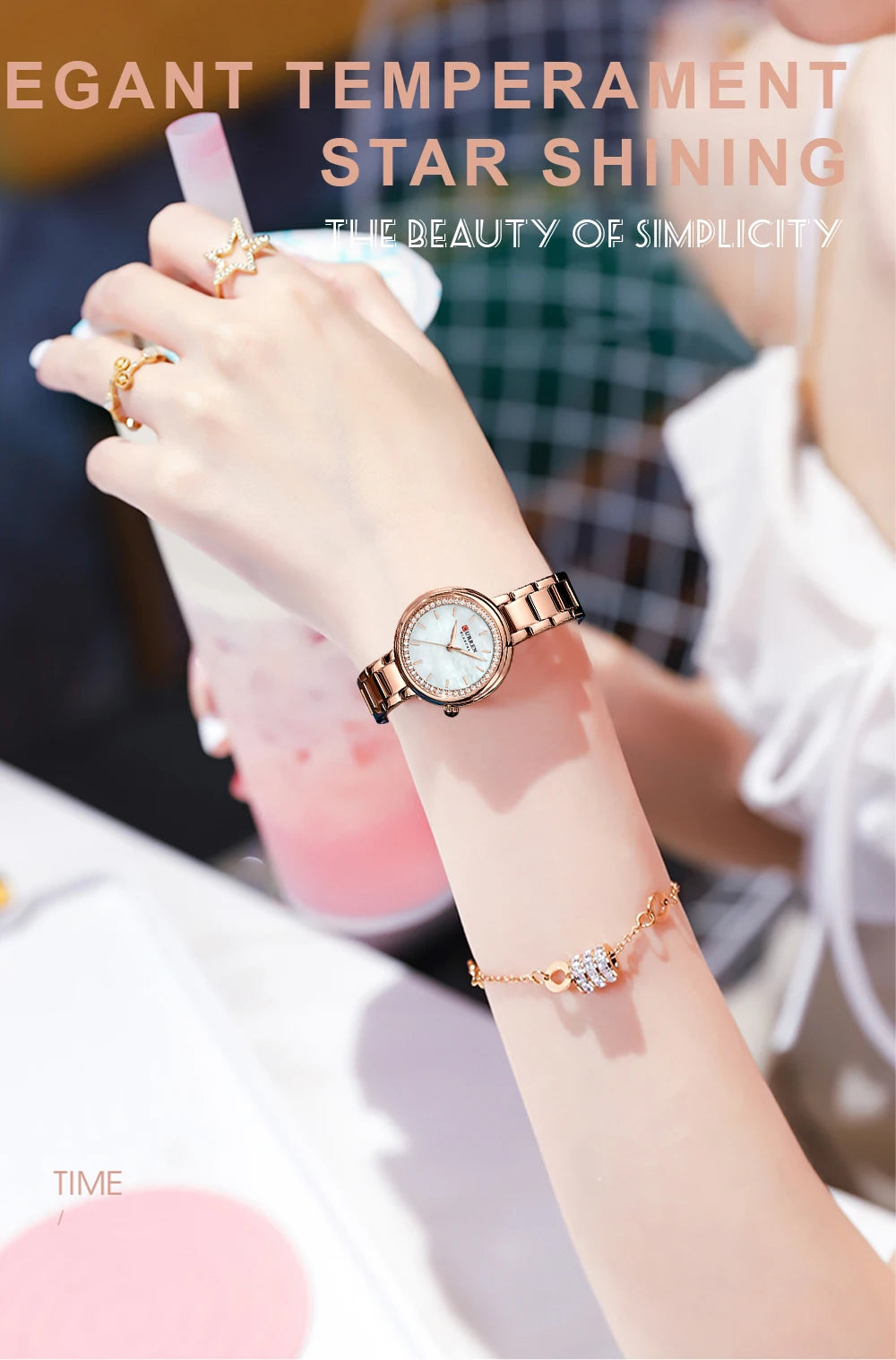 CURREN Luxus Uhr Damen Ring Halskette Ohrringe - Strass Mode Armbanduhr Weiblich Casual Damen Uhren Armband 5-teiliges Set