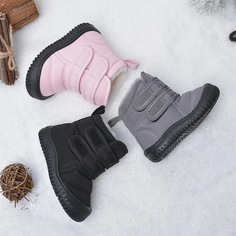 Kinder Schneeschuhe Jungen Baumwoll schuhe wasserdicht einfache britische Stil Kinder Plüsch warme Winters tiefel Klett verschluss Mädchen Stiefel