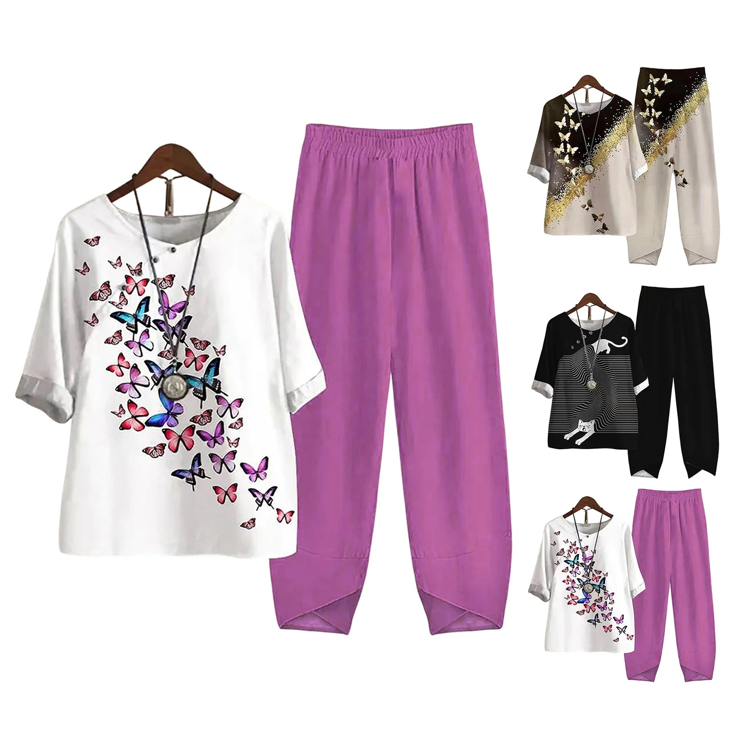 Elegant  Women Outfit Breathable Flower Pattern Blouse Trousers Half Sleeves Soft Blouse Pants Spring Clothes