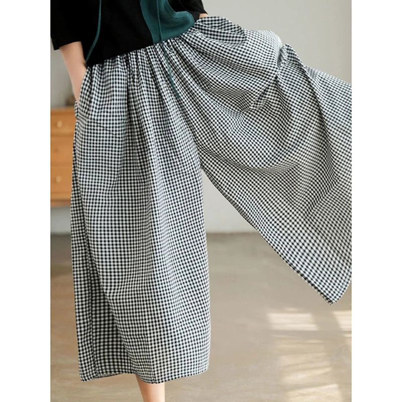 Elegant Woman Dress Plaid Pants Thin Cotton Linen Wide Leg Trousers Women 2024 Summer High Waist Baggy Jogger Pants Sweatpants