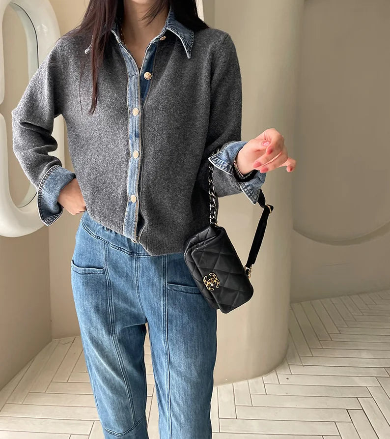 BigLargiCN Strickcardigan Herbst Denim Patchwork Damen Korean Stil - Gewicht 120–220 g/m² Länge Regular Lockere Passform